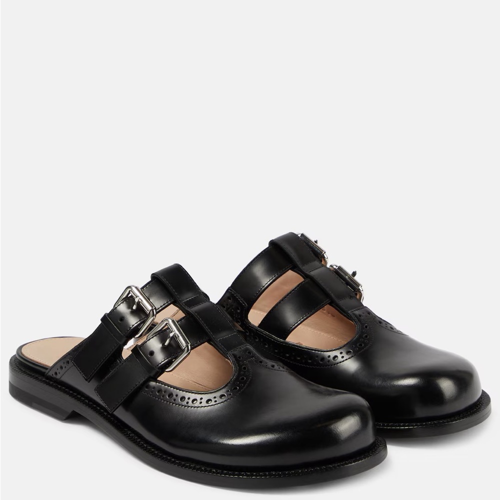 Loewe Black Leather Buckle Mules